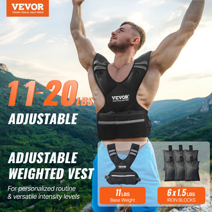 Adjustable Weighted Vest, 11-20lb Weight Vest With 6 Ironsand Weights And Reflective Stripe