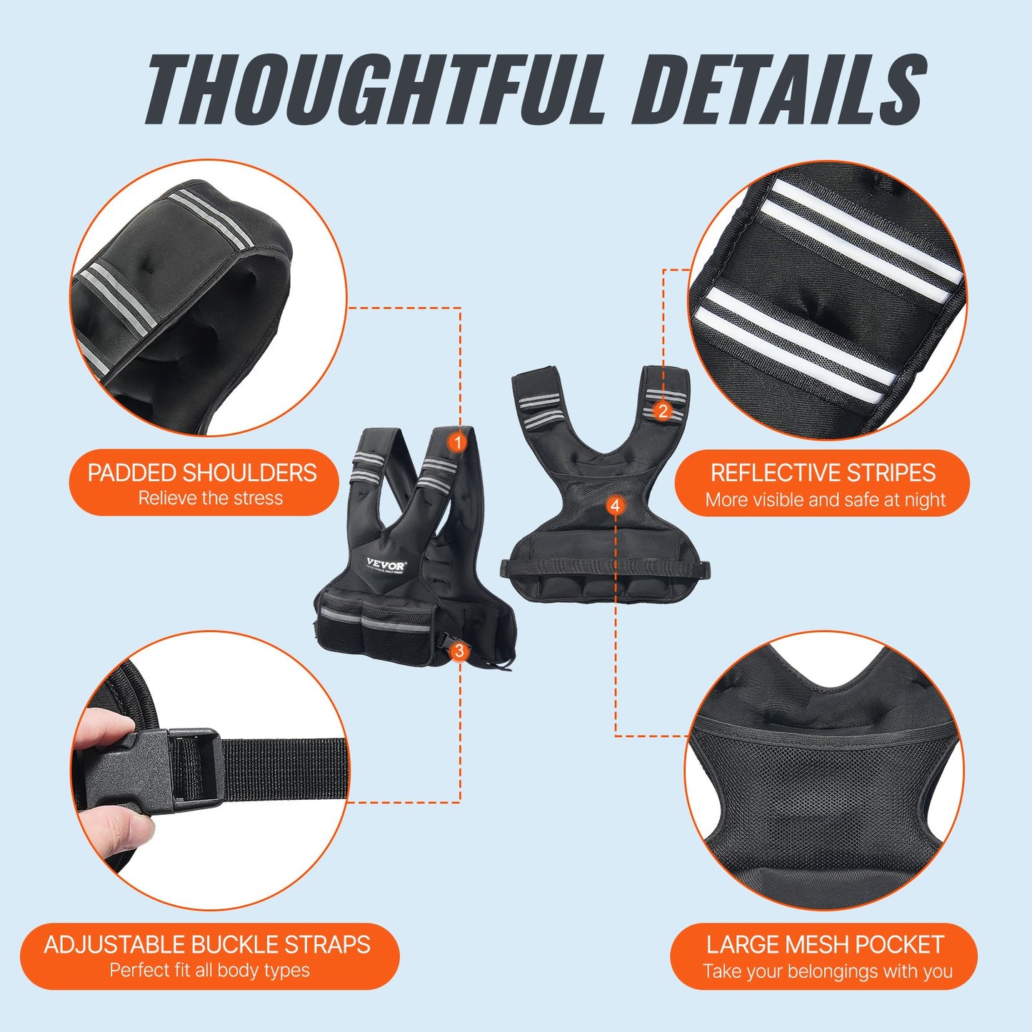 Adjustable Weighted Vest, 11-20lb Weight Vest With 6 Ironsand Weights And Reflective Stripe